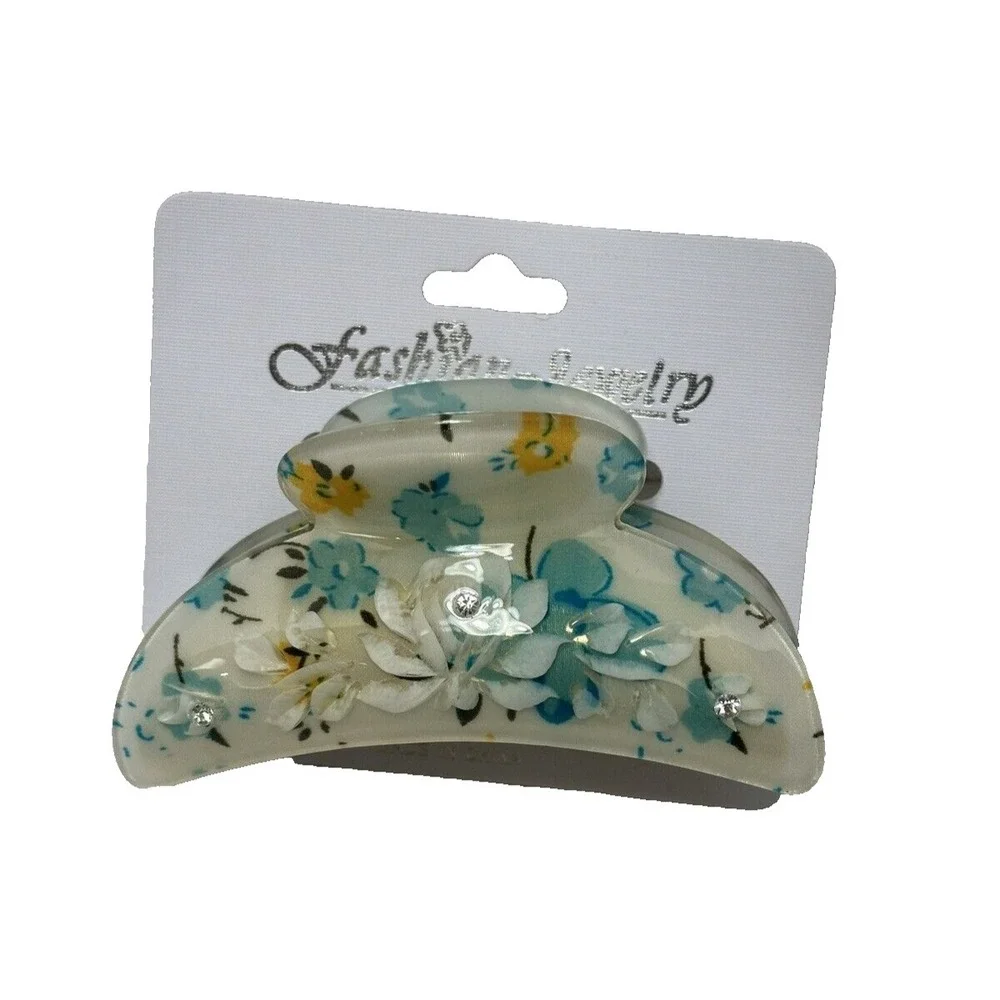 Floral Hair Claw Clip Blue Yellow White Rhinestone Acrylic Gold‎ Tone Spring New